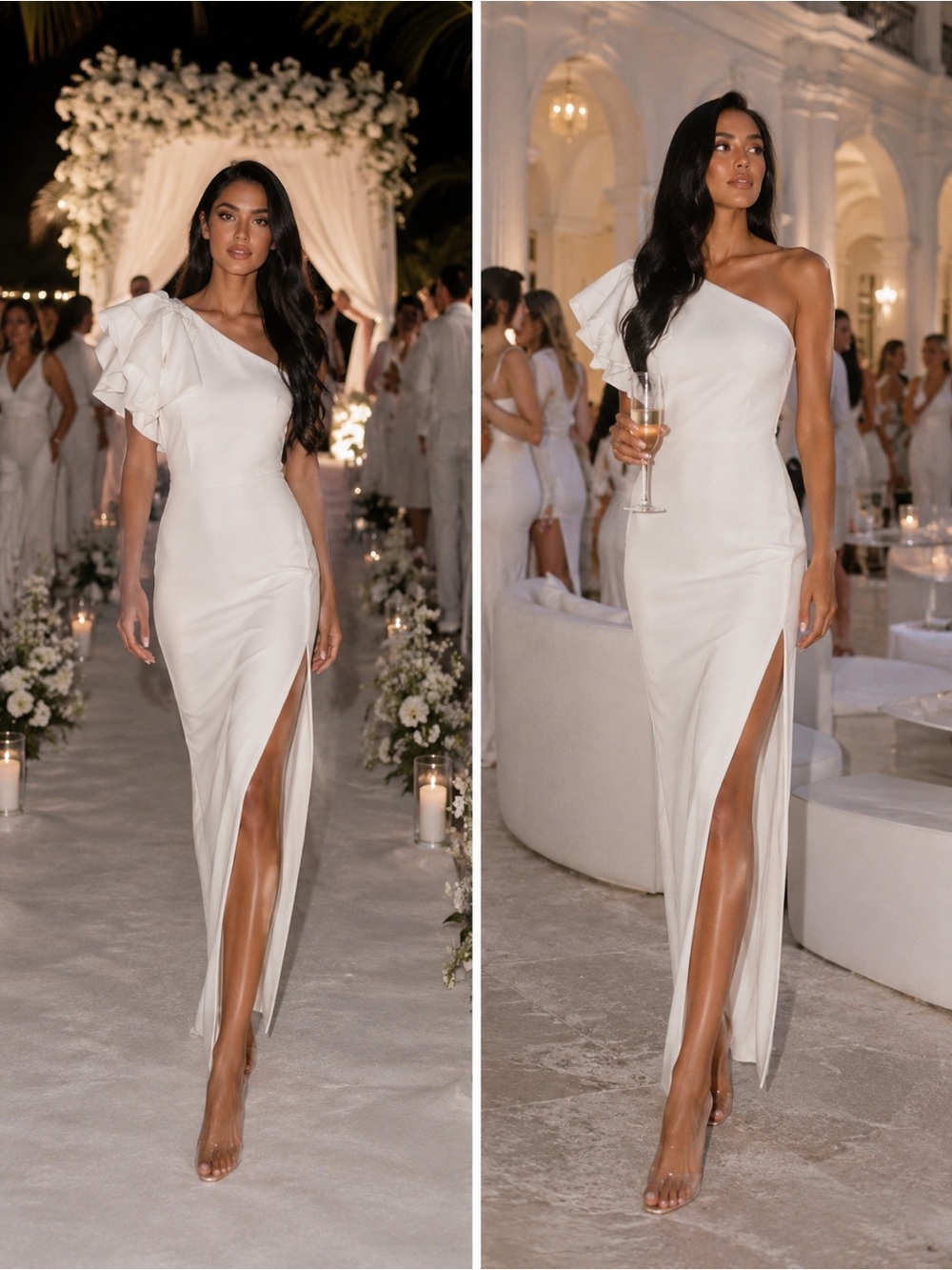 Bronx and Banco White One-Shoulder Gown with Ruffle Shoulder and High Slit - Picture 2 of 4